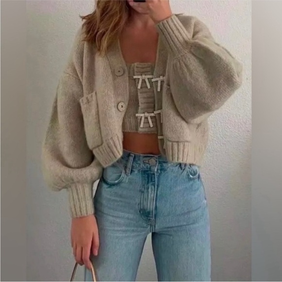 Zara Alpaca Wool Blend Rhinestone Bow Cardigan - Picture 5 of 6